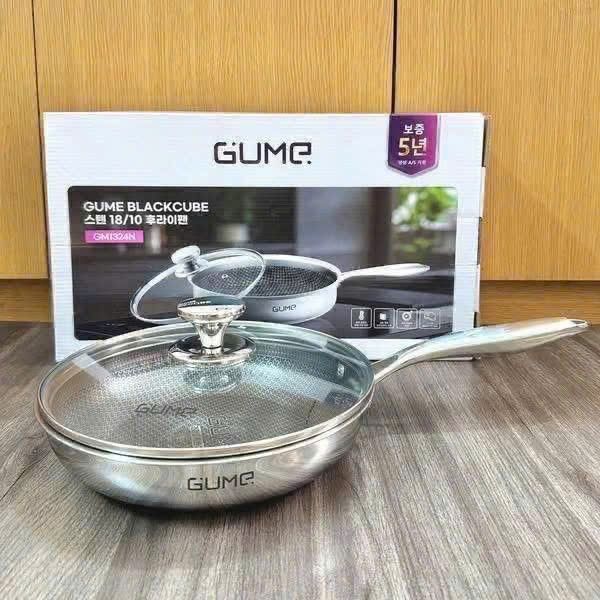 Chảo inox 18/10 đúc liền khối chống dính Blackcube Gu Me Hàn Quốc size 24/28cm đáy từ kèm vung kính, hành chính hãng