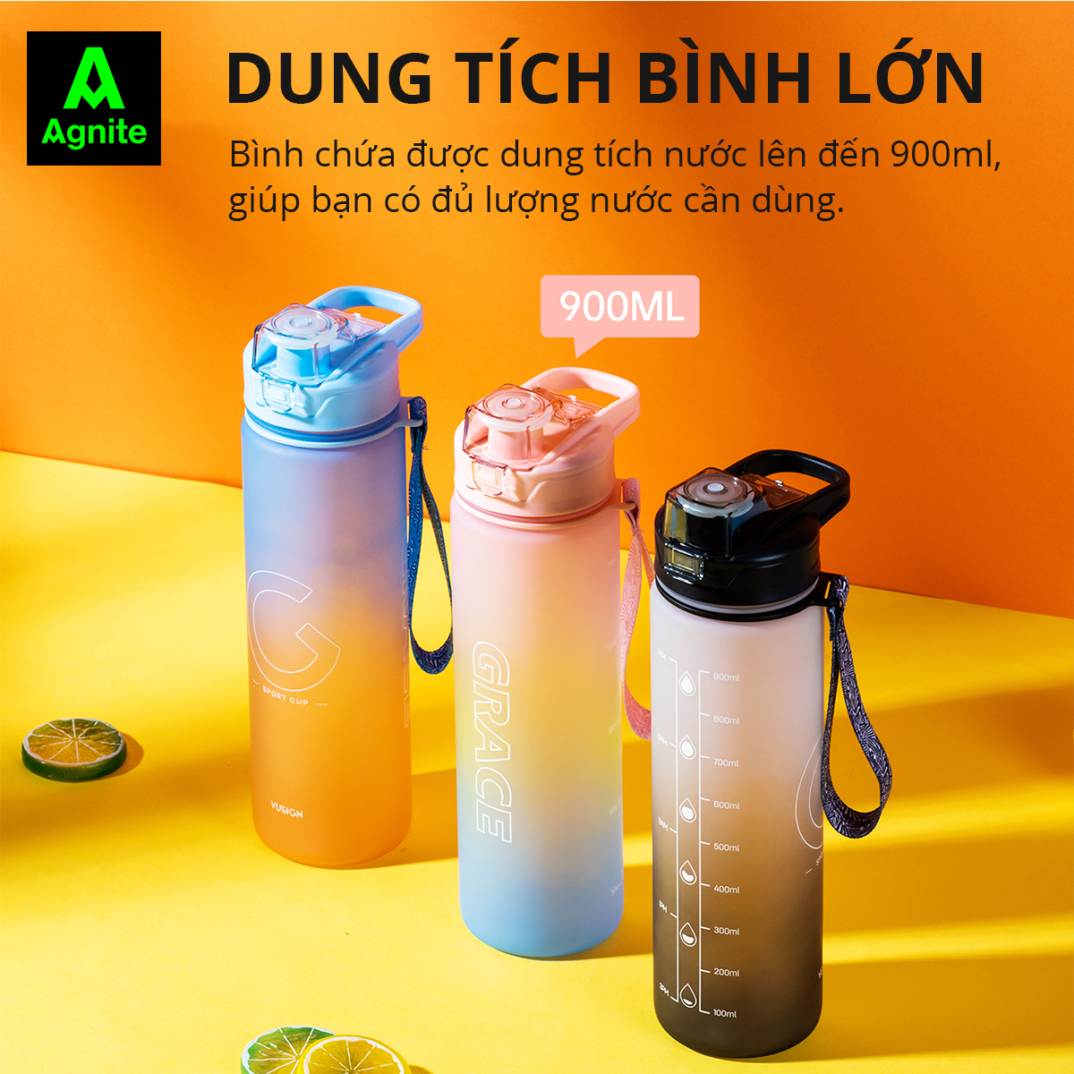 Bình Đựng Nước 1L Bao Bì Dễ Thương Có Vạch Báo Giờ Uống Nước Chia Lượng Nước Agnite - Đầy Đủ Kiểm Định Chất Lượng Phủ Hợp Bình Nước Thể Thao Tập Gym Yoga - VS822 VS823