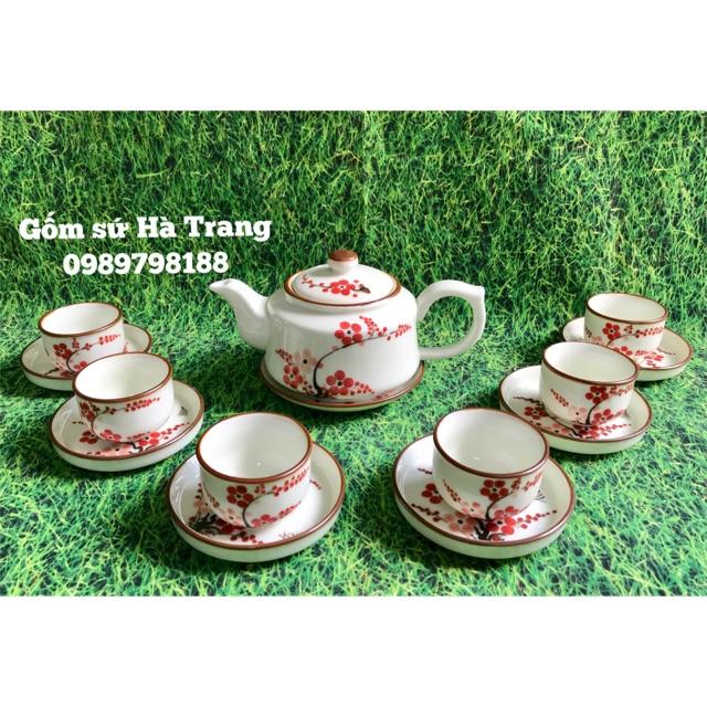 Bộ ấm chén Bát Tràng cao cấp vẽ đào đỏ