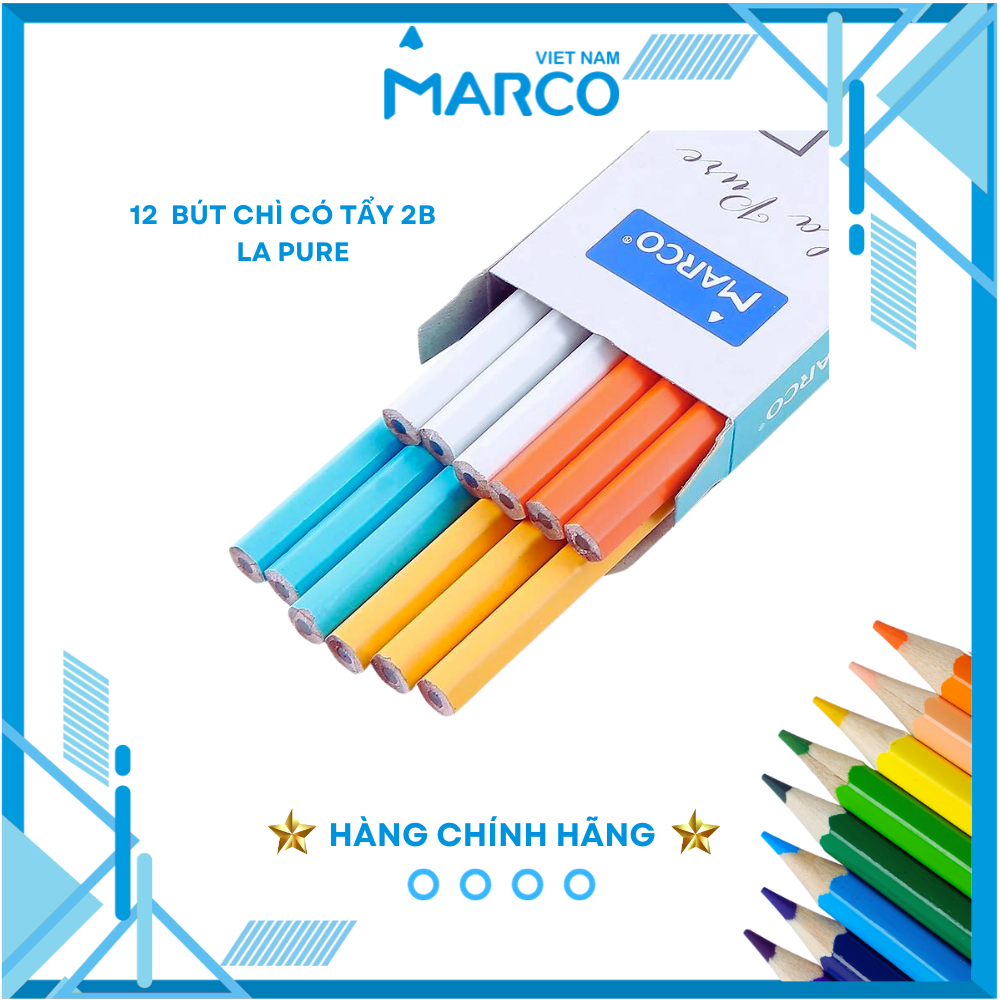 Hộp 12 Bút Chì 2B Marco La Pure Có Tẩy - Bút chì phù hợp thi trắc nghiệm, ngòi chì mềm dễ chuốt, tập viết