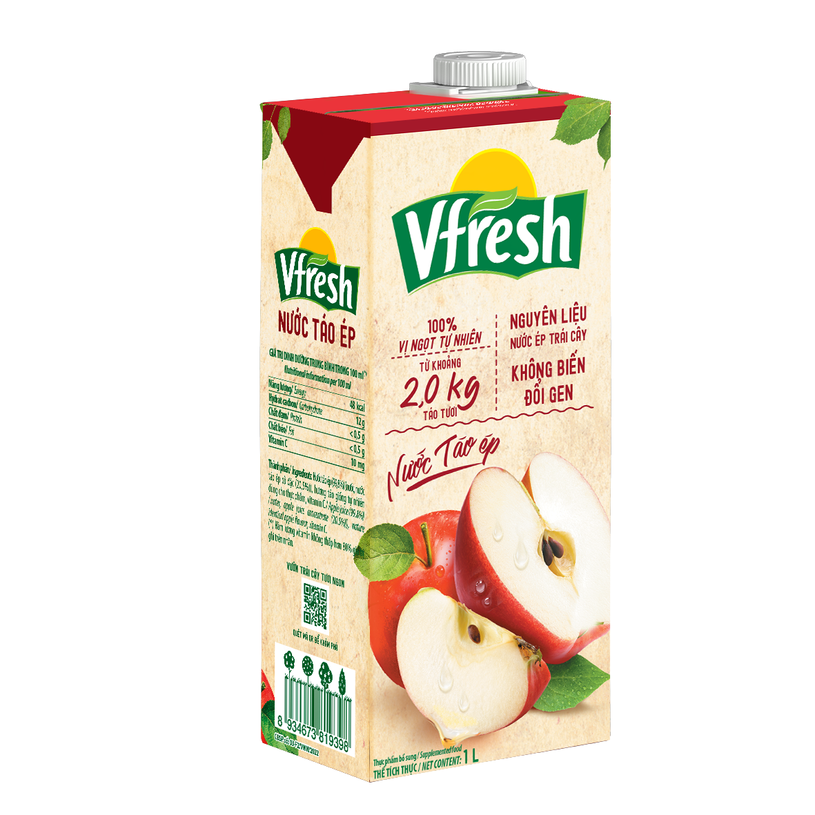 COMBO 4 HỘP NƯỚC VFRESH TÁO ÉP 100% - HỘP GIẤY 1L