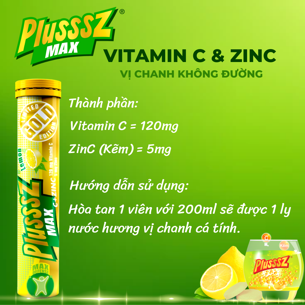 Viên sủi Plusssz Max Vitamin C & ZinC bổ sung vitamin C và kẽm vị chanh không đường hỗ trợ đề kháng, vững vàng sức khỏe (Tuýp 20 viên sủi).