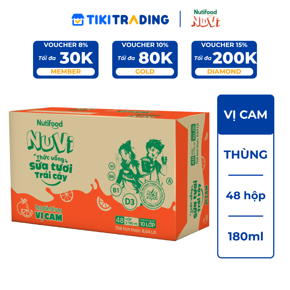 Thùng 48 hộp Thức Uống Sữa Tươi Trái Cây Tươi Nuvi Vị Cam 180ml - Tăng Cường Chiều Cao, Phát Triển Trí Não