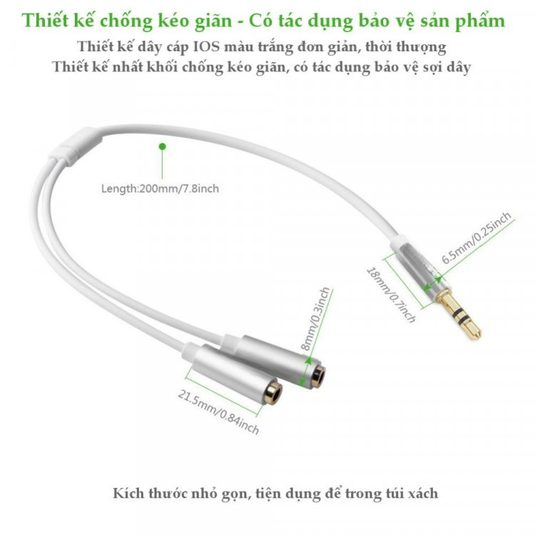 Cáp chia 2 cổng Audio 3.5mm 1 đầu đực ra 2 đầu cái 20cm AV123 10532 Cáp chia Jack 3,5mm dương ra 2 đầu âm 3,5mm Cáp âm thanh 3.5Mm Màu dài Av141-30618 – Hàng Nhập Khẩu