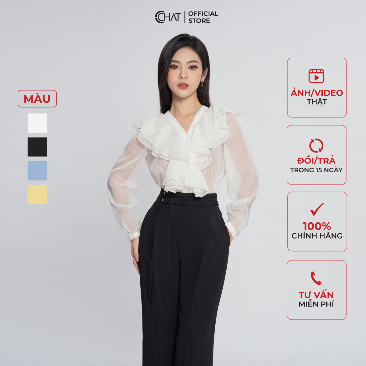 Áo Sơ Mi Nữ  Cổ V Bèo 2 Tầng Rủ Chất Voan Cao Cấp 13FDV2010ST