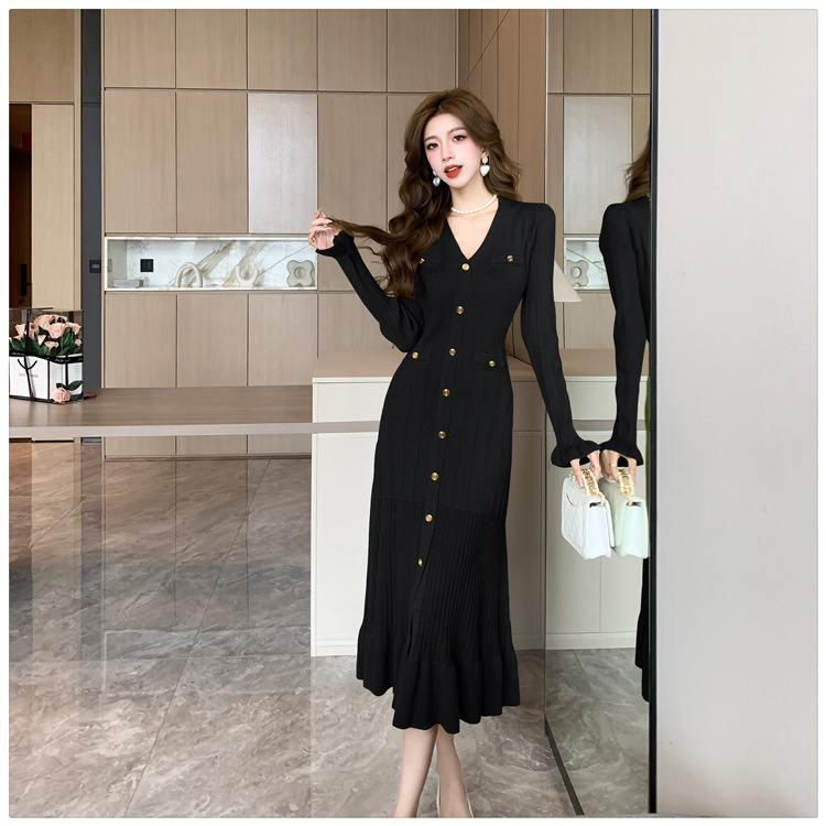 Đầm Xòe Dệt Kim Đuôi Cá Dài Tay Cổ Chữ V Cho Nữ AL25 - Hàng Quảng Châu Cao Cấp