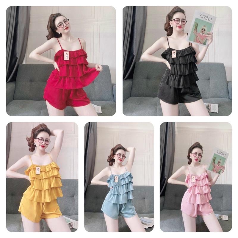Đồ ngủ 2 dây tầng kiểu dáng trẻ trung ,bộ mặc nhà chất lụa satin mềm mịn, mát, phom to dưới 60kg- tùy chiều cao