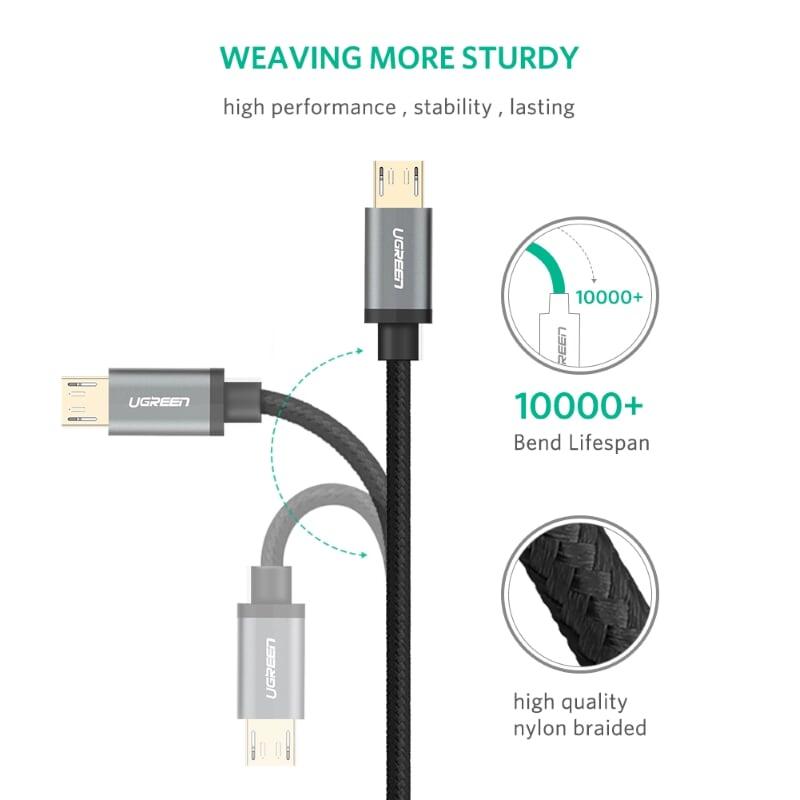 Ugreen UG10824US134TK 1M màu Đen Cáp sạc truyền dữ liệu USB 2.0 sang MICRO USB đầu mạ vàng - HÀNG CHÍNH HÃNG