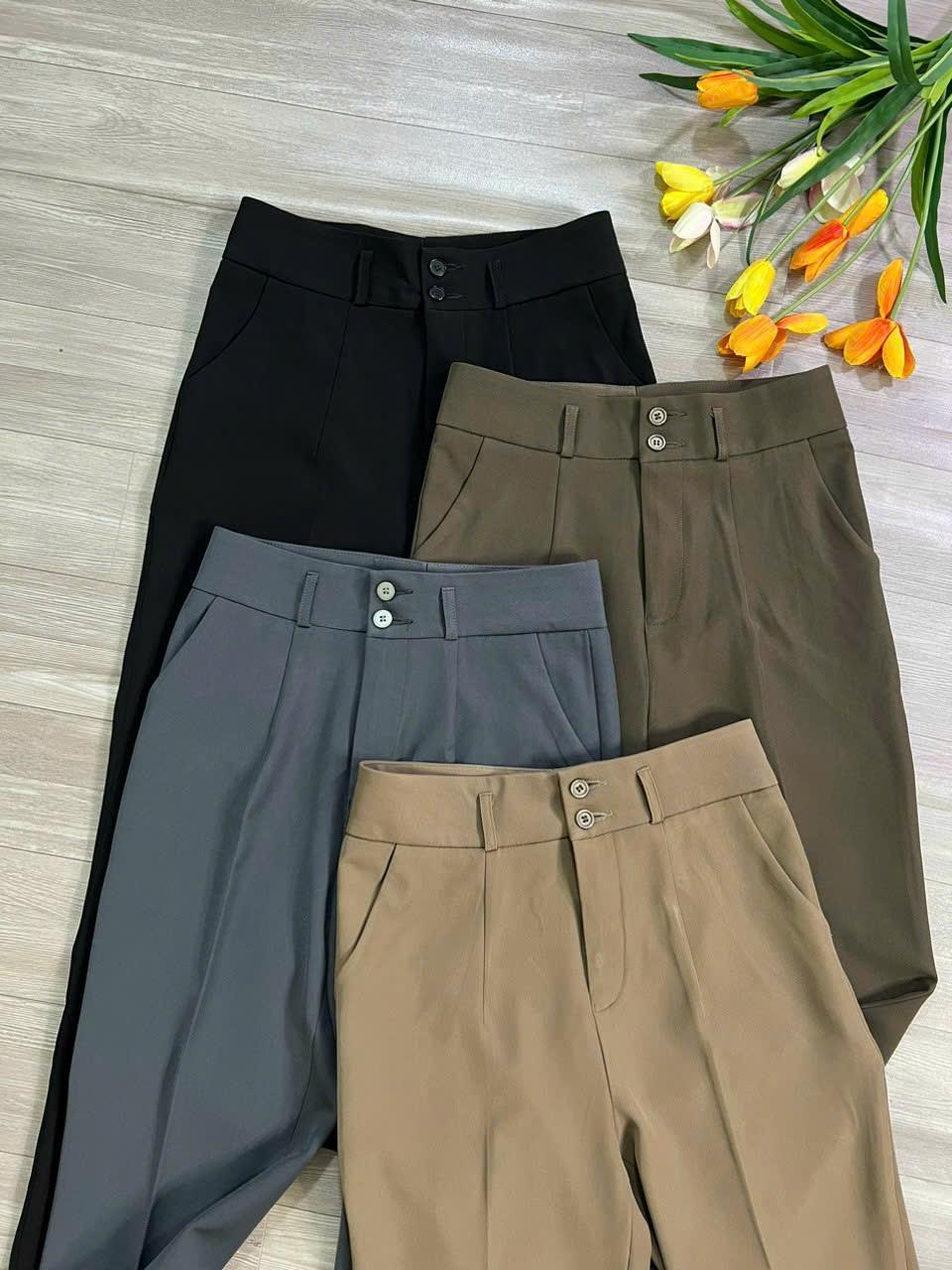 Quần Baggy Nữ Dáng Dài Vải Hàn Quốc Không Nhăn Phong Cách Sang Trọng &amp; Thanh Lịch Kem Kaki Nhung Voi Lưng Cao
