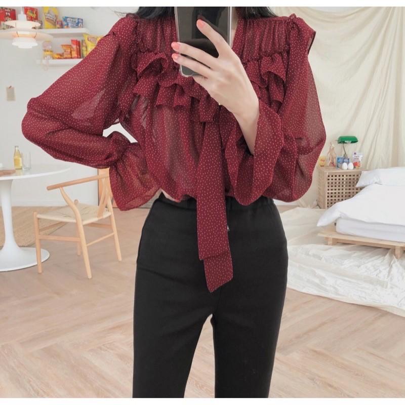 Sơ mi bèo cổ cột nơ hoạ tiết chấm bi
