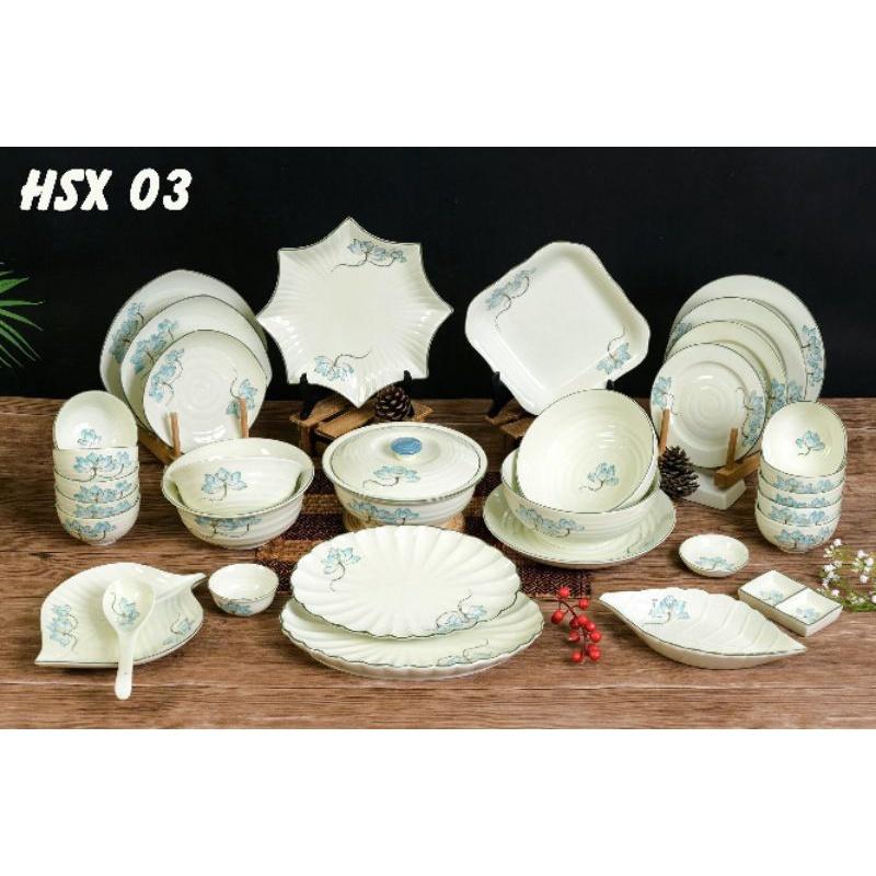 ️ Nhiều set- Bộ đồ ăn sứ cao cấp Bát Tràng vẽ hoa sen xanh