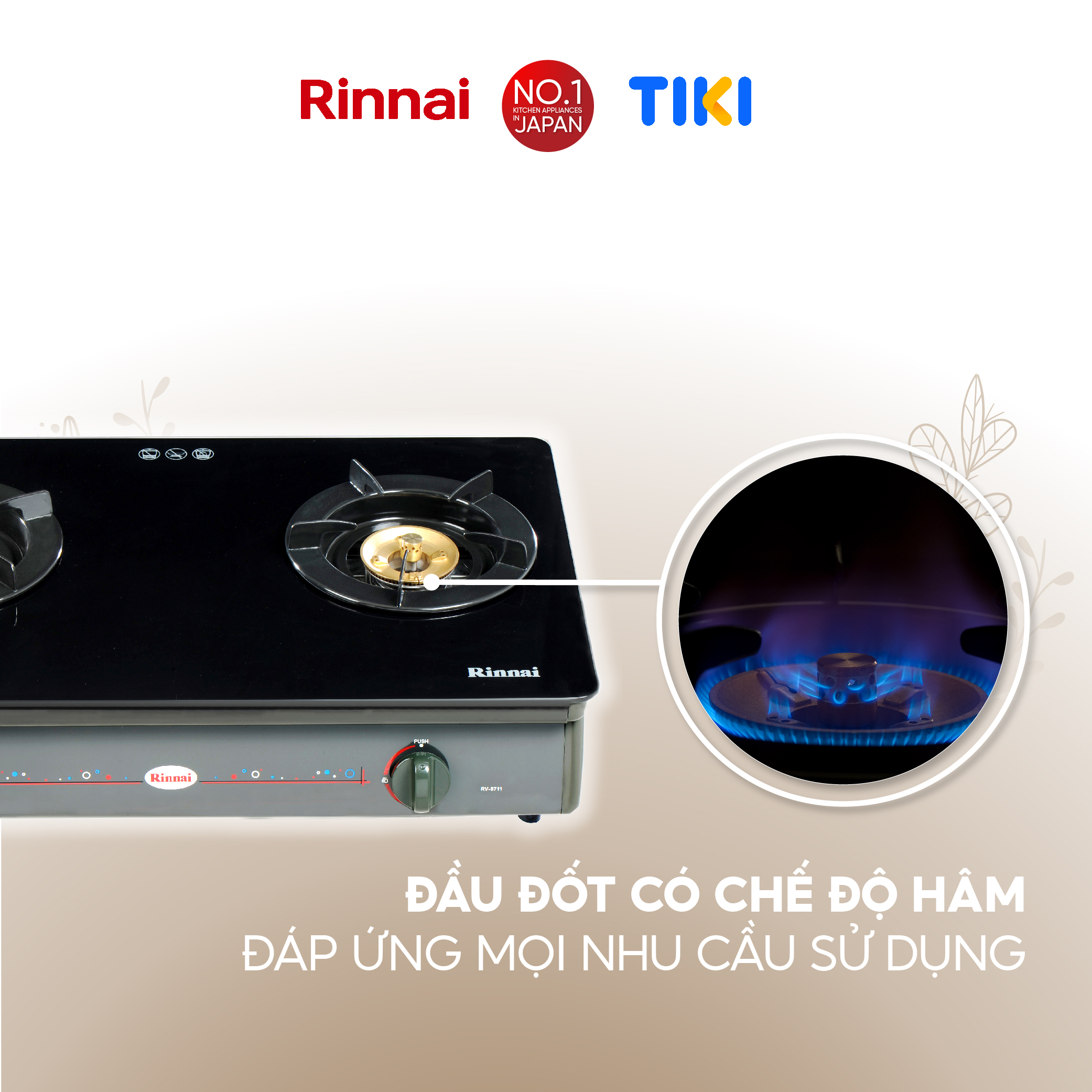 Bếp gas dương Rinnai RV-8611(GL-B) mặt bếp kính và kiềng bếp men - Hàng chính hãng.