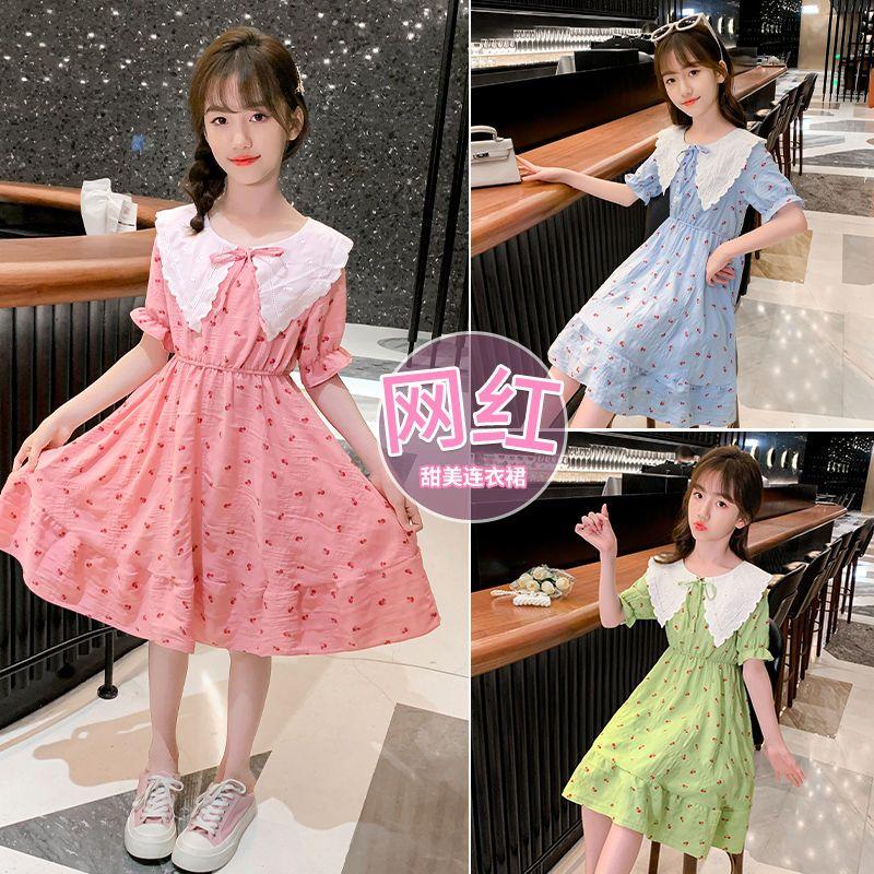 DONGSHOP HOT Cô gái ăn mặc 2023 mùa hè ăn mặc cô gái váy công chúa Mid-Boy Cherry hoa đầm đầm đầm đầm mùa hè cho trẻ em