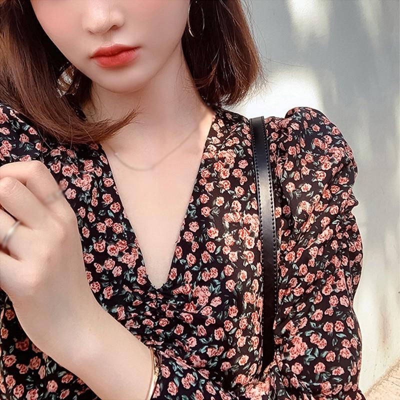 Đầm Nữ Tay Dài Cổ Chữ V In Hoa Thời Trang Quyến Rũ