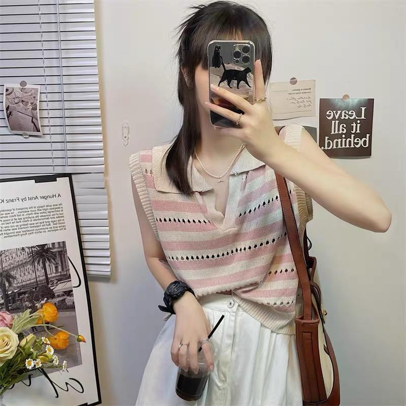 MS788 Áo sát nách nữ cổ bẻ kẻ ngang mongtoghi Quảng Châu