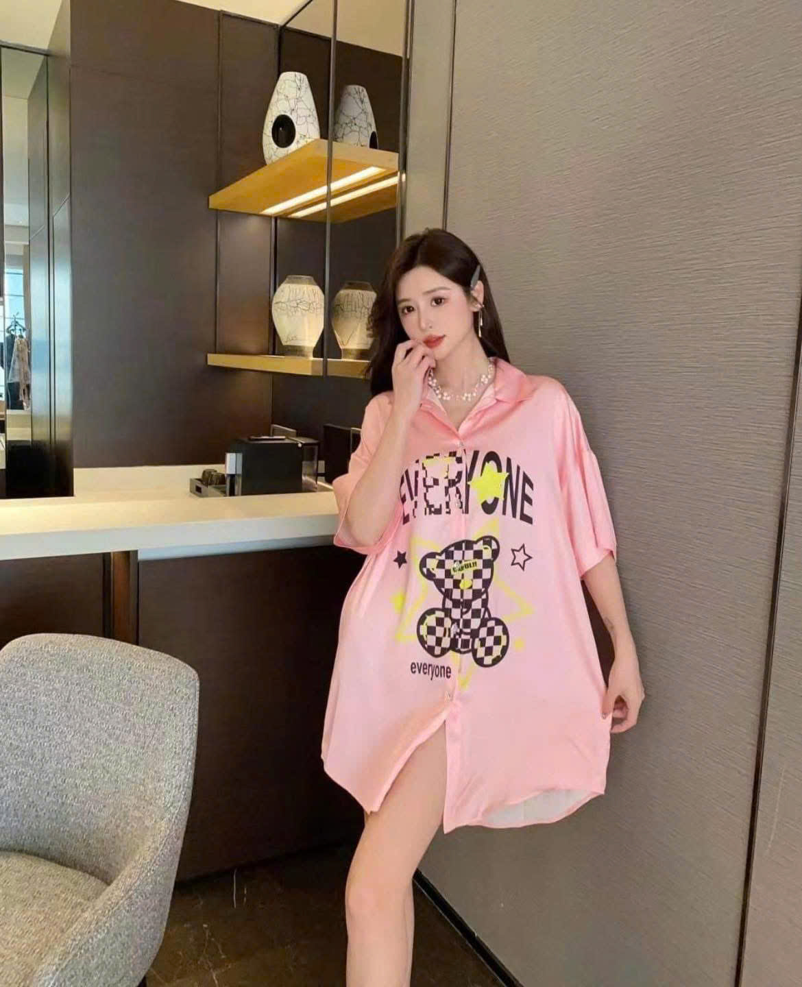 Đầm Ngủ Sơmi Lụa Quảng Châu Cao Cấp Gấu Xinh Xắn