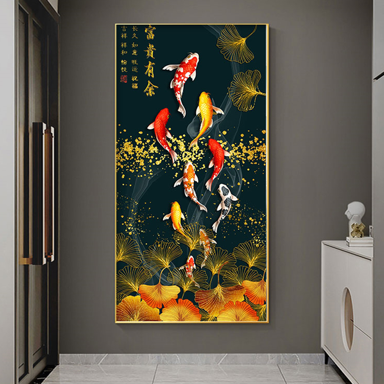 Khung Tranh Đơn Trang Trí Cao Cấp - Tranh Canvas Chín Con Cá Chép Bên Hoa Sen