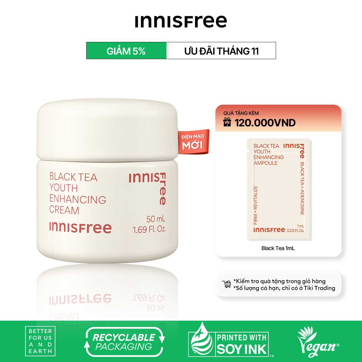 Kem dưỡng da ban đêm ngăn ngừa lão hóa từ trà đen innisfree Black Tea Enhancing Cream 50 mL