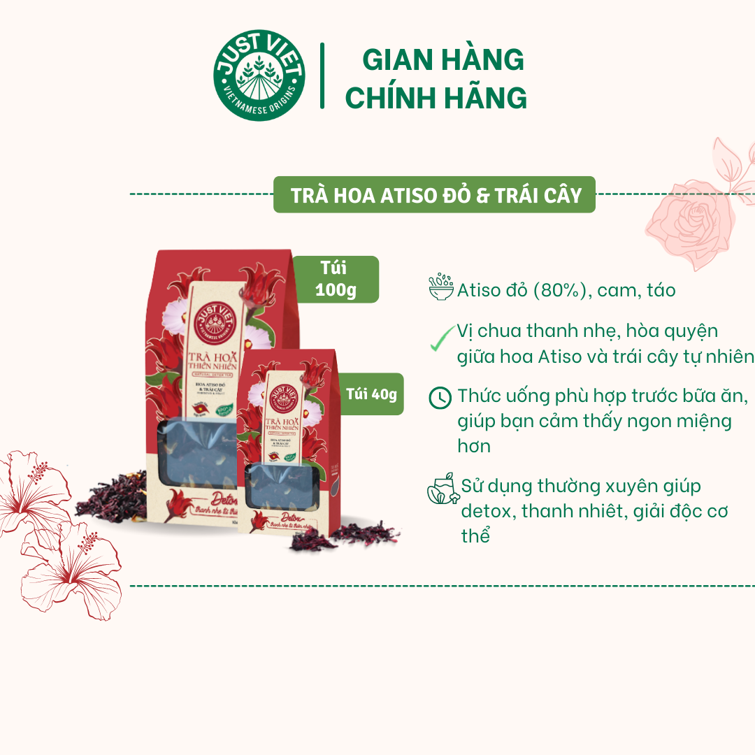 Trà Hoa Thiên Nhiên Detox Just Viet - Hoa Atiso Đỏ &amp; Trái Cây Sấy - Thanh Lọc - Tốt Cho Sức Khỏe