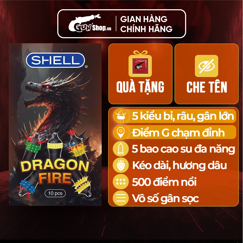 Bao cao su Shell Dragon Fire - Hộp 5 bao gai, bi nổi lớn + 5 bao Shell Performax (Hộp 10 cái)