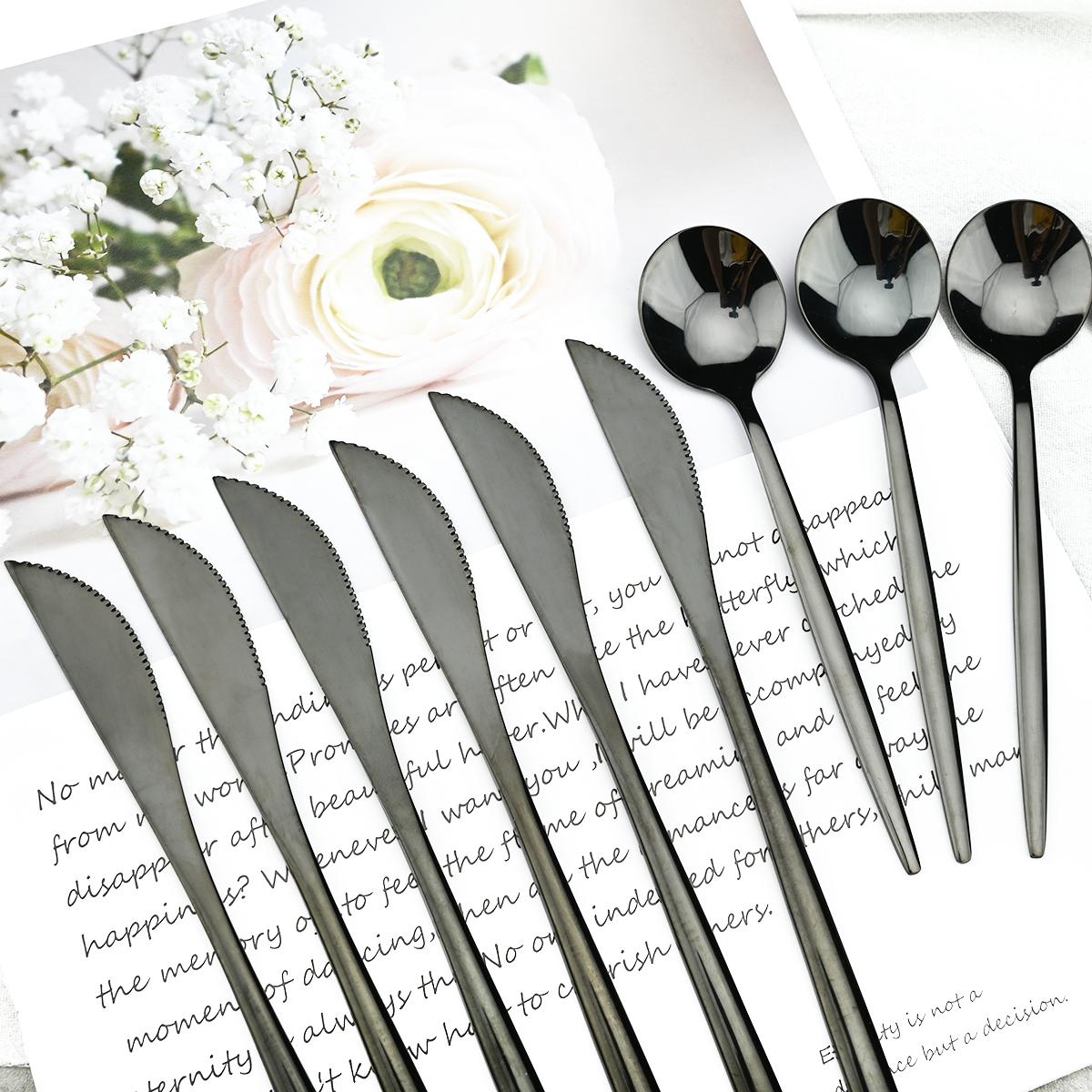 24Pcs Đen Vàng Bộ Dao Kéo Inox Chén Ăn Bộ Nhiều Màu Sắc Dao Nĩa Thìa Cà Phê Bộ Đồ Ăn Nhà Bếp Ăn Tối Kiềng Bạc