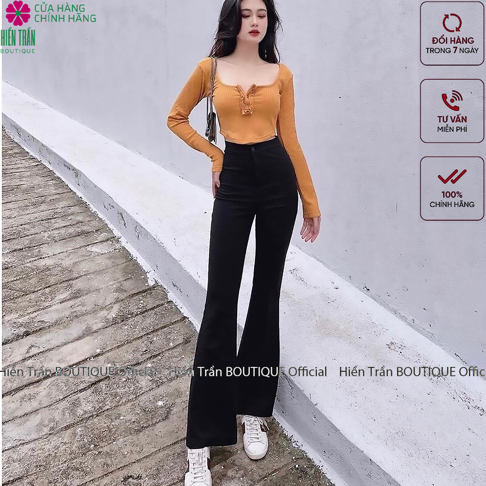 Quần ống loe Hiền Trần BOUTIQUE lưng cạp cao 1 cúc suông rộng nữ dài culottes màu đen nâu