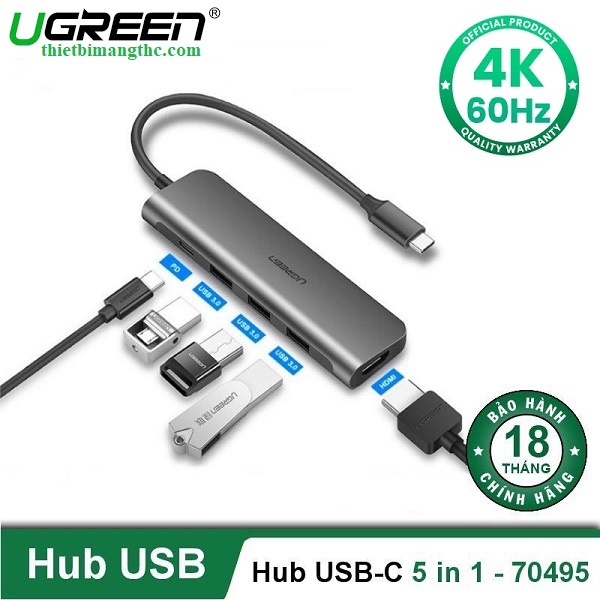 Bộ chuyển đa năng 5in1 USB-C sang HDMI 4K60Hz+3 USB 3.0+PD100W Ugreen 70495 - hàng chính hãng