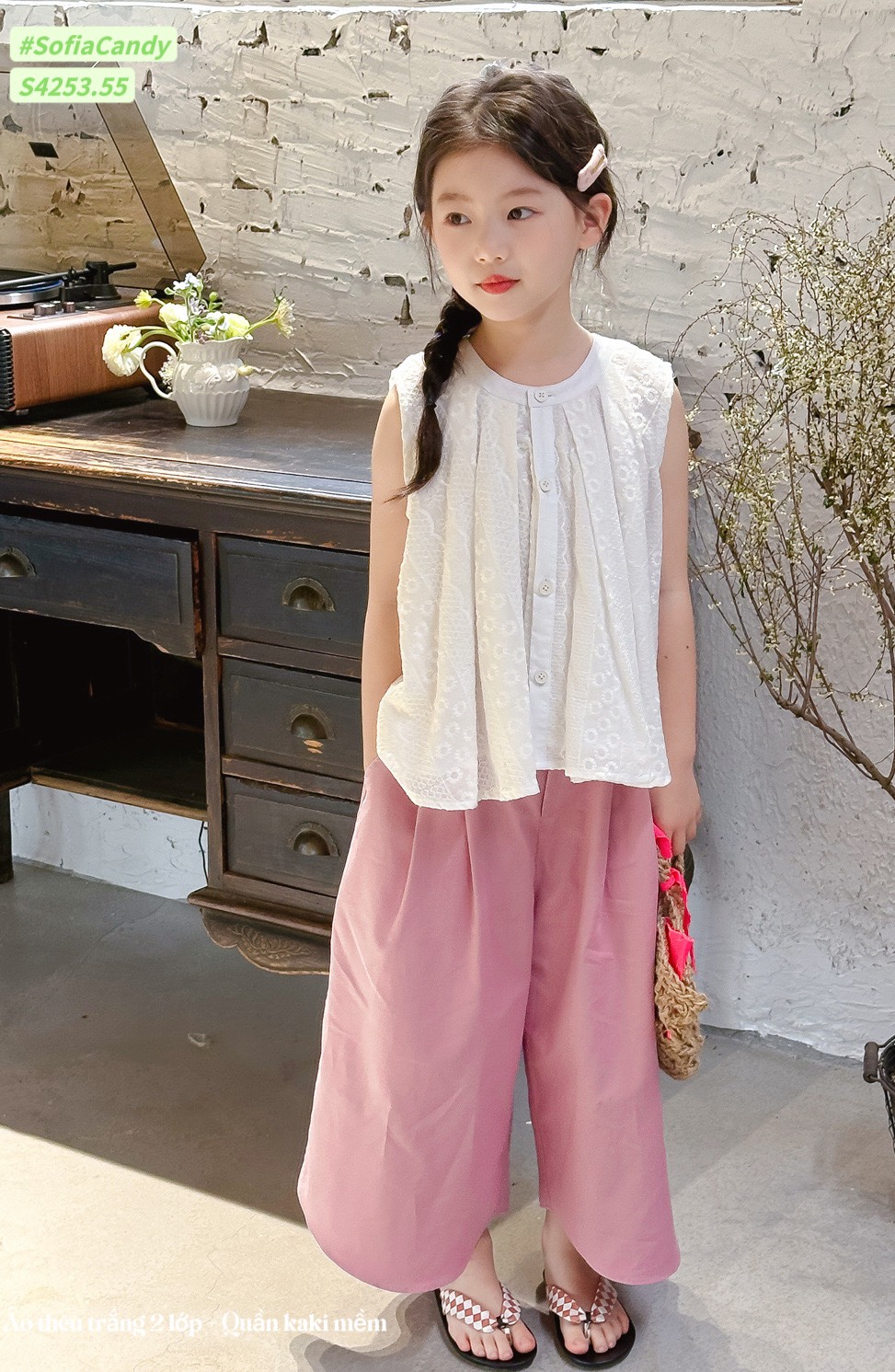 [Từ 1 đến 12 tuổi] Sét bộ tiểu thư trắng hồng bé gái thô cotton Hàn quần kaki áo thêu đi học đi chơi đến 40kg