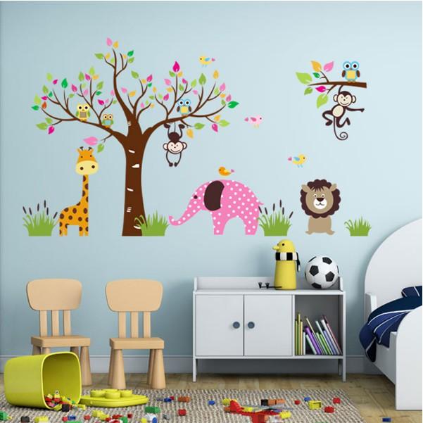 Decal trang trí tường - Thú và Cây sắc màu size lớn