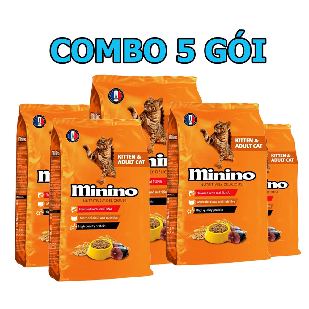 COMBO 5 Gói Thức Ăn Hạt Cho Mèo Con Và Mèo Lớn Vị Cá Ngừ Minino Tuna Flavored 480g