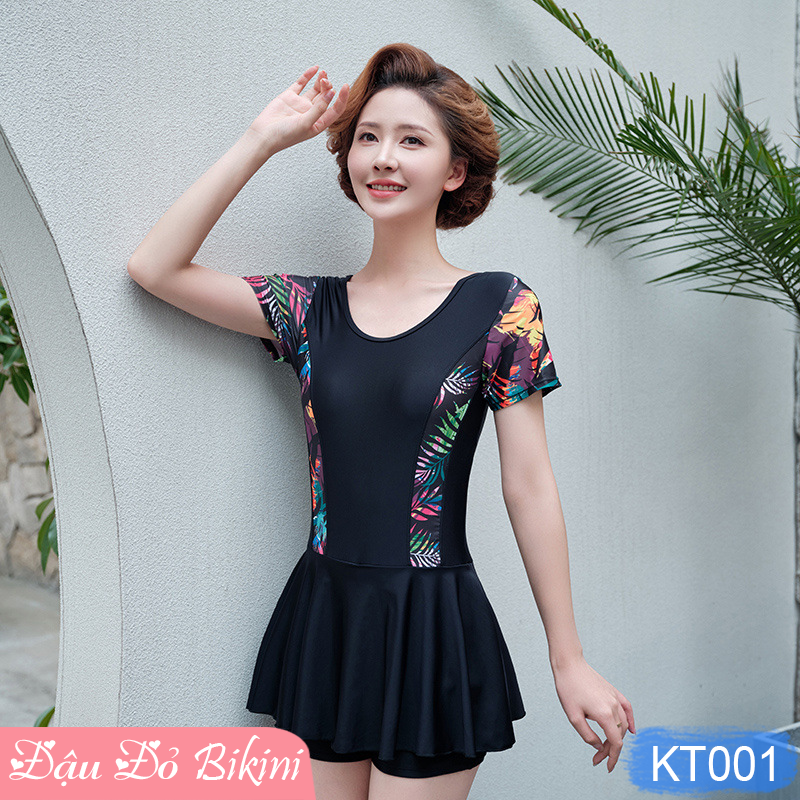 Bộ bơi nữ trung niên một mảnh quần đùi liền chân váy thời trang cho mẹ và bà, dấu bụng thon gọn kín đáo, chất bơi dày đẹp mịn mát co giãn cao, có size lớn | KT001