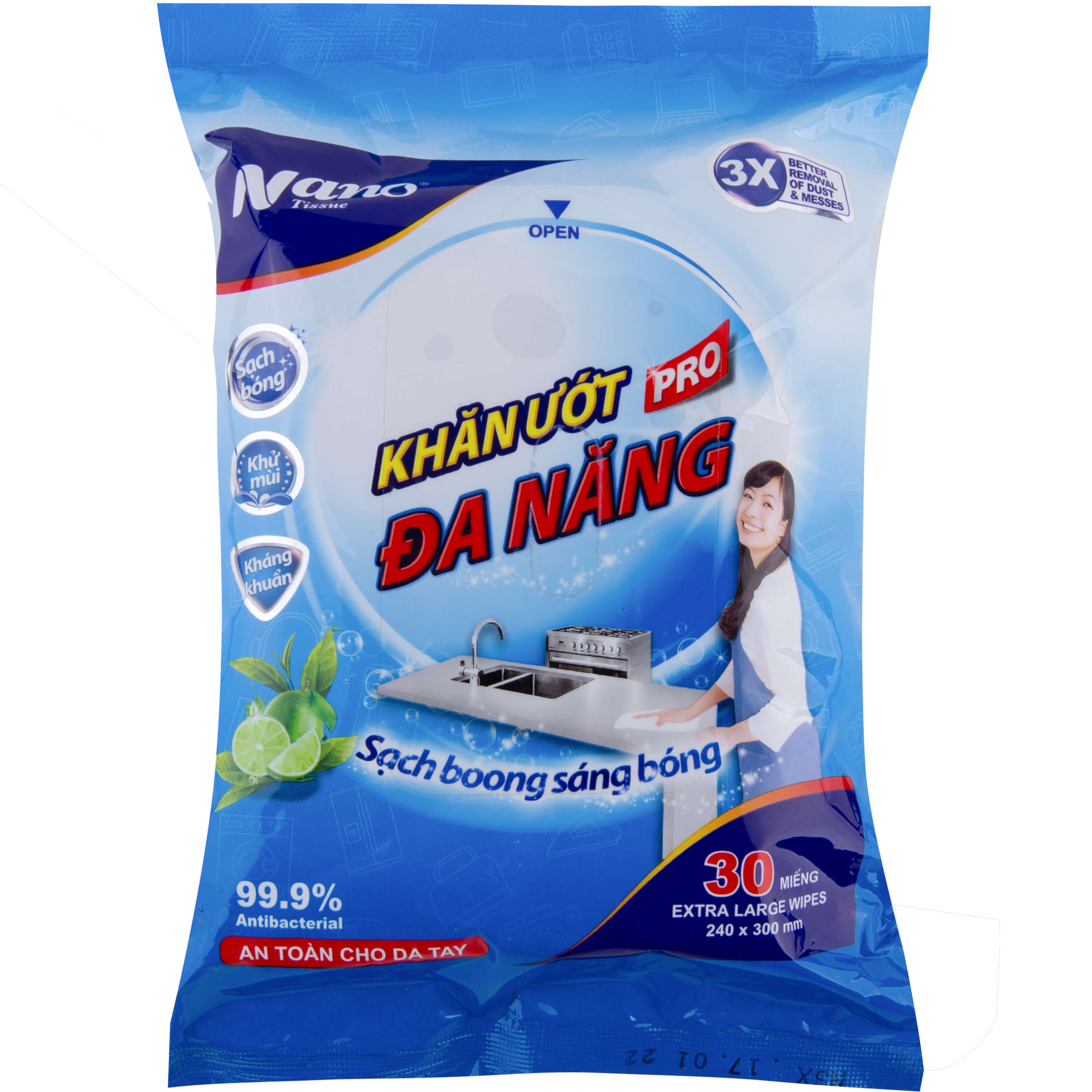 Khăn ướt đa năng Nano gói 30 miếng, lau dọn nhà cửa tiện dụng, không hại da tay, có mùi thơm chanh trà xanh