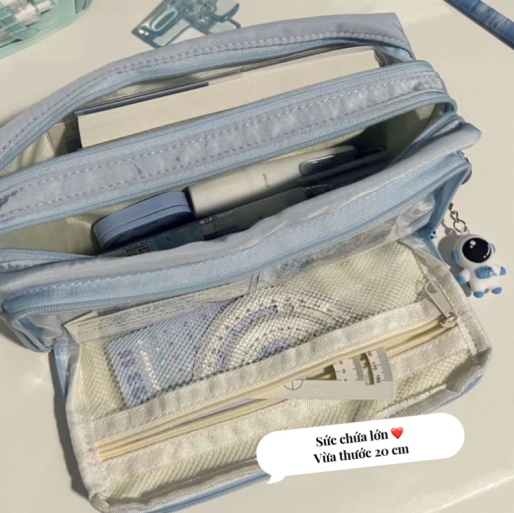 Túi bút vải 3 ngăn lớn học sinh nữ cỡ lớn bóp viết trong suốt đẹp rẻ vừa máy tính đồ dùng học tập xinh chống nước