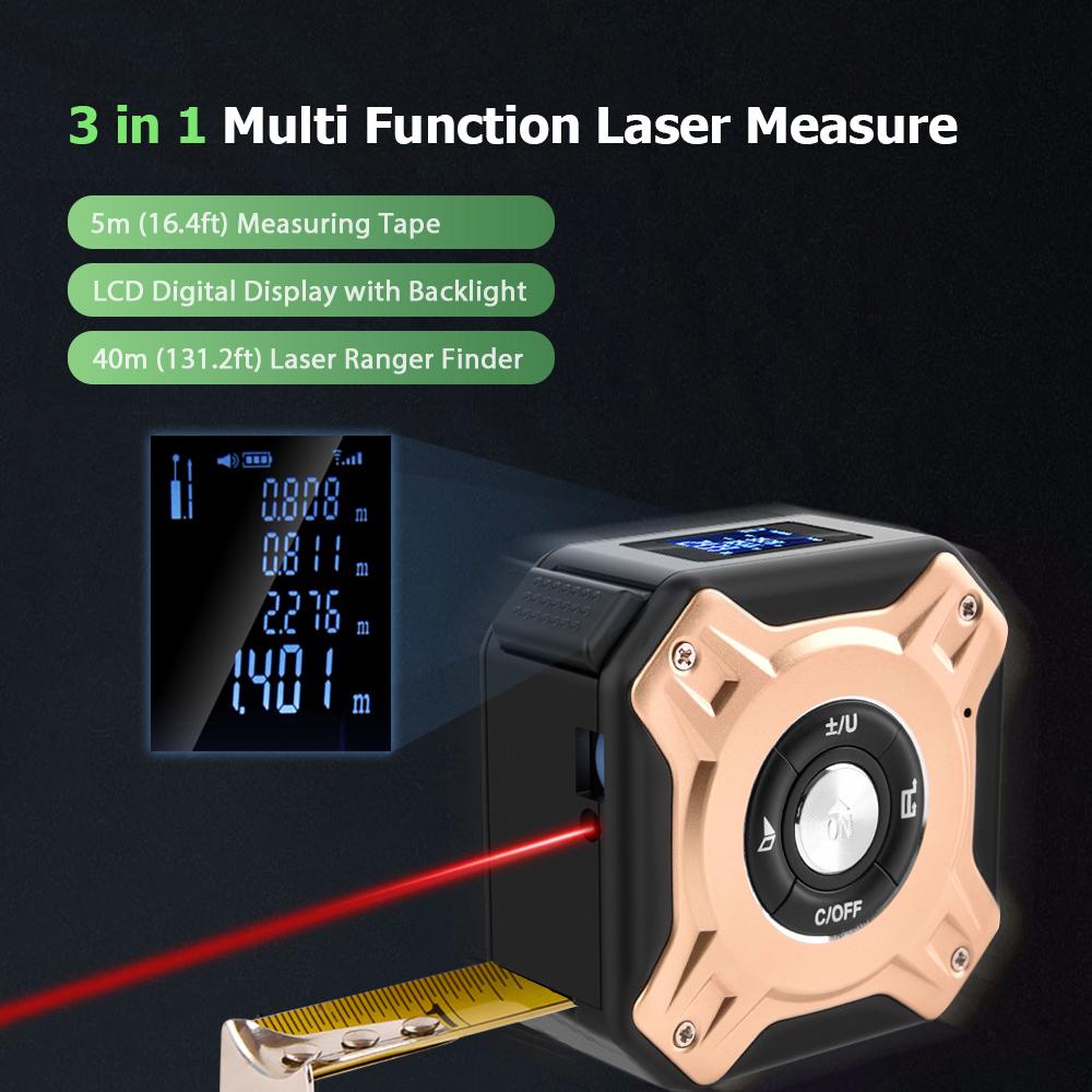 3 in 1 Laser Tape Measure Digital Ranger Finder 16Ft Measuring Tape 131Ft Rechargeable Multi Function Laser Measure Distance/ Area/ Volume/ Pythagorean, Unit Switching, Data Storage