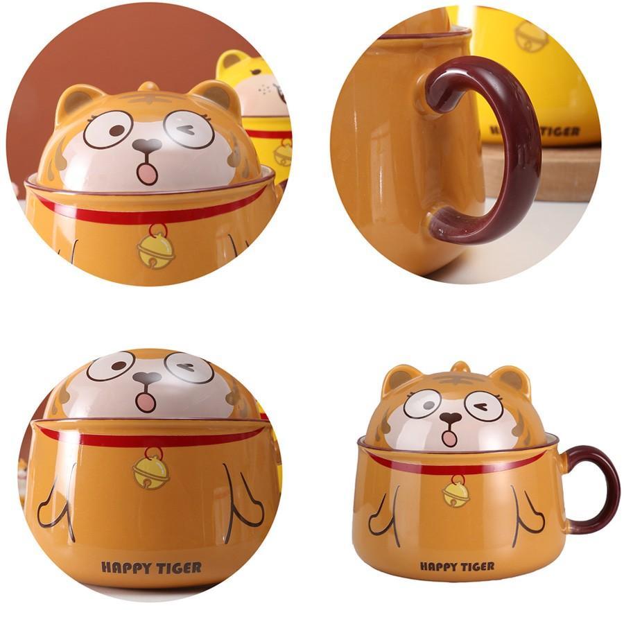 Tô Sứ Dễ Thương Ăn Mỳ Hình Con Hổ - Bát Tô Sứ Cỡ Lớn 1020ml Có Nắp Và Tay Cầm