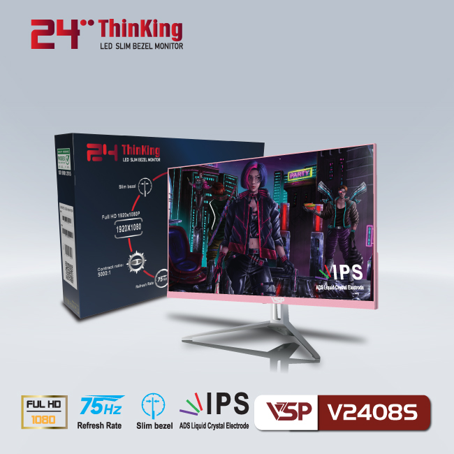 Màn hình vi tính VSP V2408S 24inch [HỒNG] (23.8&quot; IPS FHD 75Hz, HDMI+VGA) - Hàng chính hãng TECH VISION phân phối