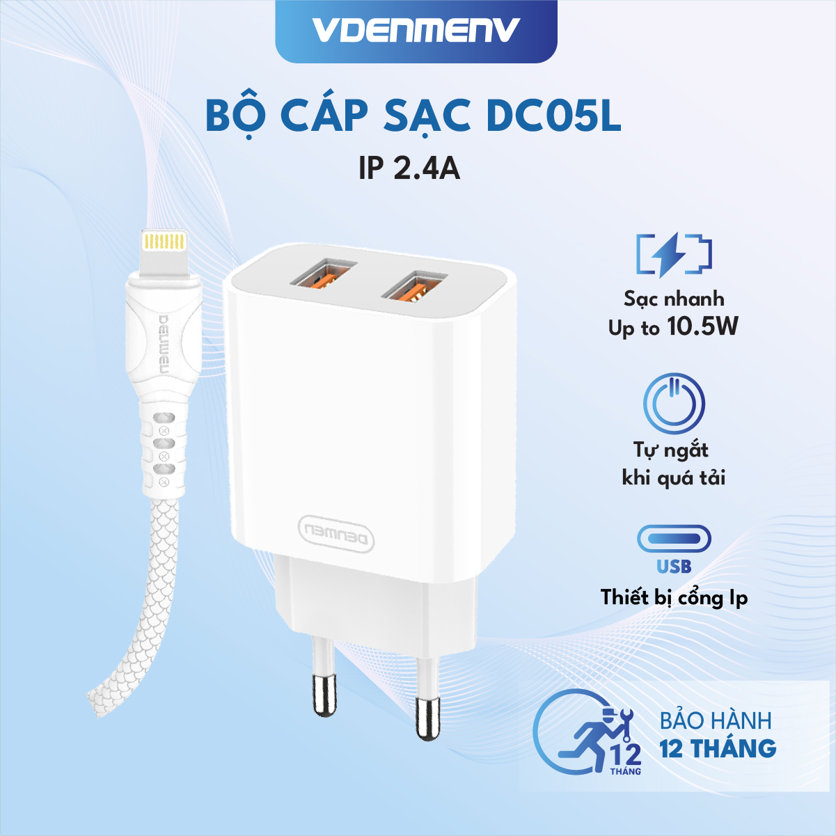 Bộ Cáp Sạc Ip VDENMENV DC05L Vỏ Nhựa ABS Chống Cháy, 2 Đầu USB, Tự Ngắt Khi Quá Tải-Hàng Chính Hãng