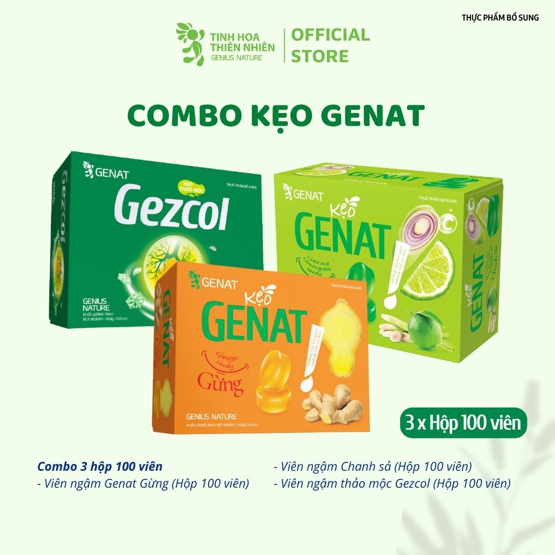 Combo 3 hộp 100 viên - Kẹo thảo mộc Gezcol - Genat Gừng - Genat Chanh sả - Giao 2H HCM