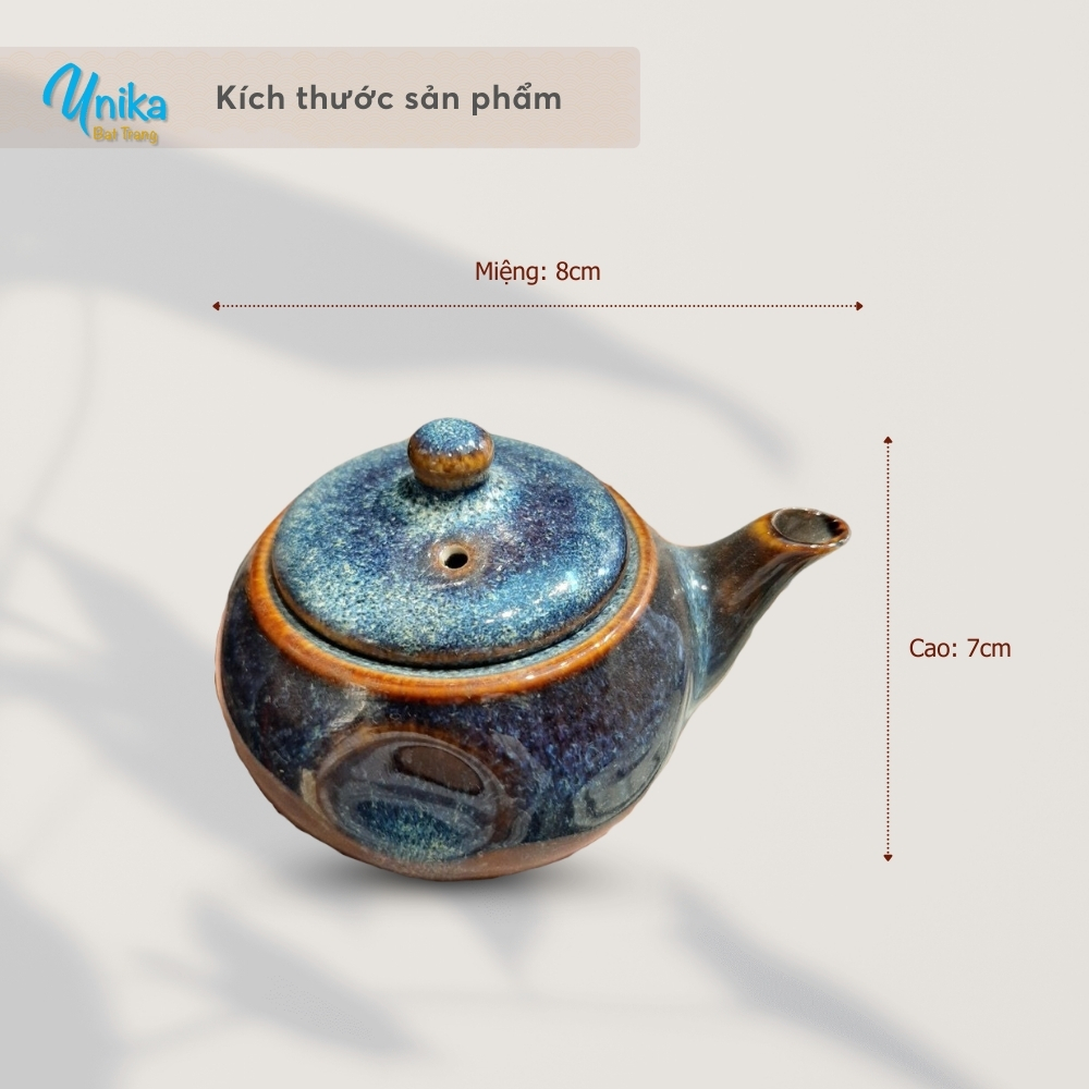 Ấm mắm dẹt men xanh hỏa biến - Lọ gia vị có vòi - ấm đựng nước chấm gốm Unika Bát Tràng