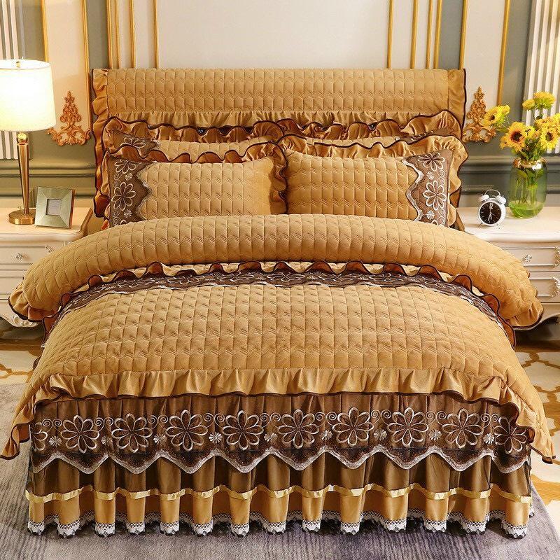 BỘ GA GỐI NỈ NHUNG TRẦN PHỦ PHỐI REN DÀY ĐẸP