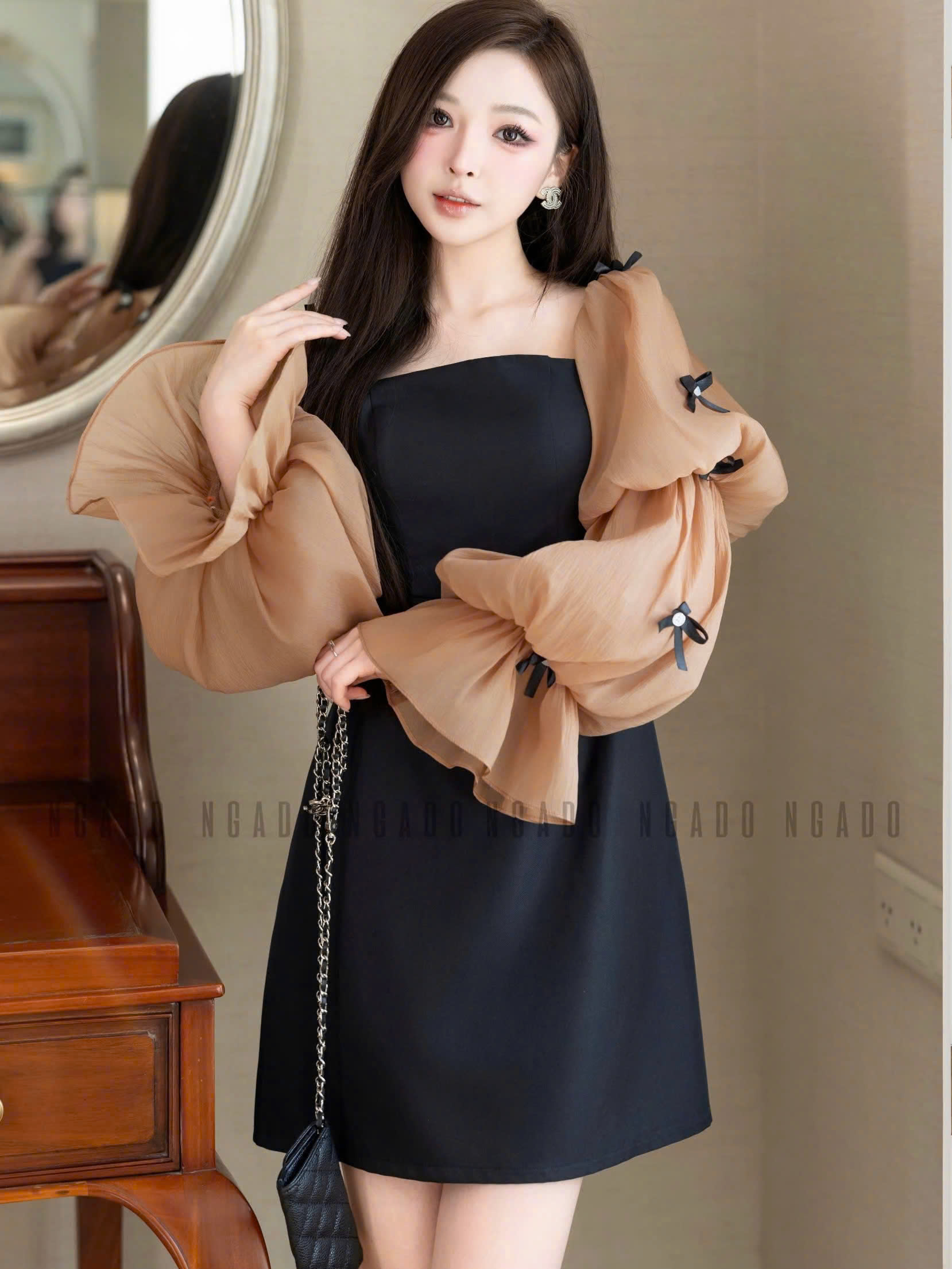 Đầm đen tay voan phồng NGADO , đầm dự tiệc , đầm dạo phố
