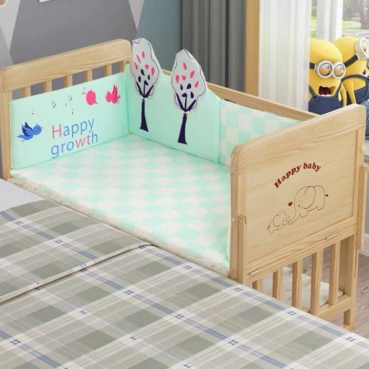 Giường nôi cũi cho bé trọn bộ có nệm, quây, màn, bánh xe. Kích thước 105*60*90cm, gỗ thông, nệm quây chất liệu cotton