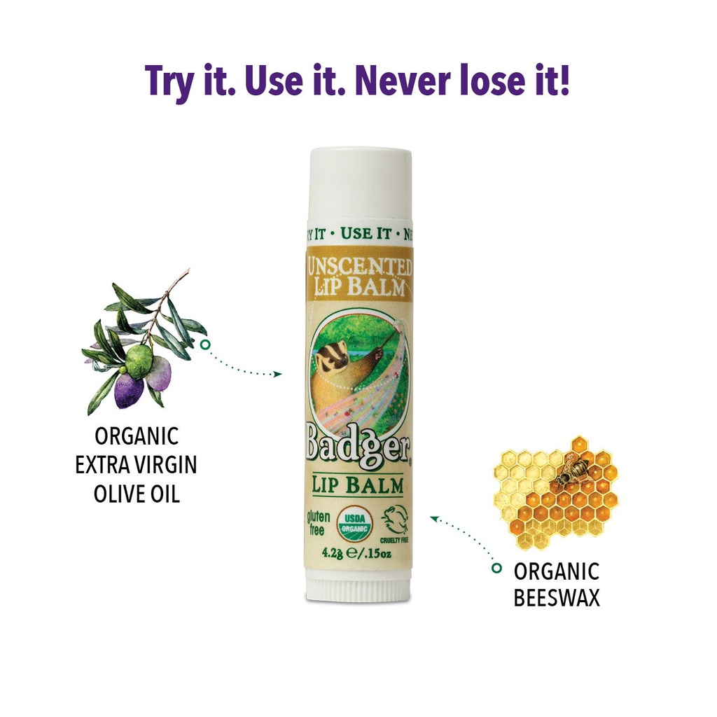Son dưỡng môi hữu cơ BADGER không màu không mùi - Classic Unscented Lip Balm USDA Organic - 4.2g