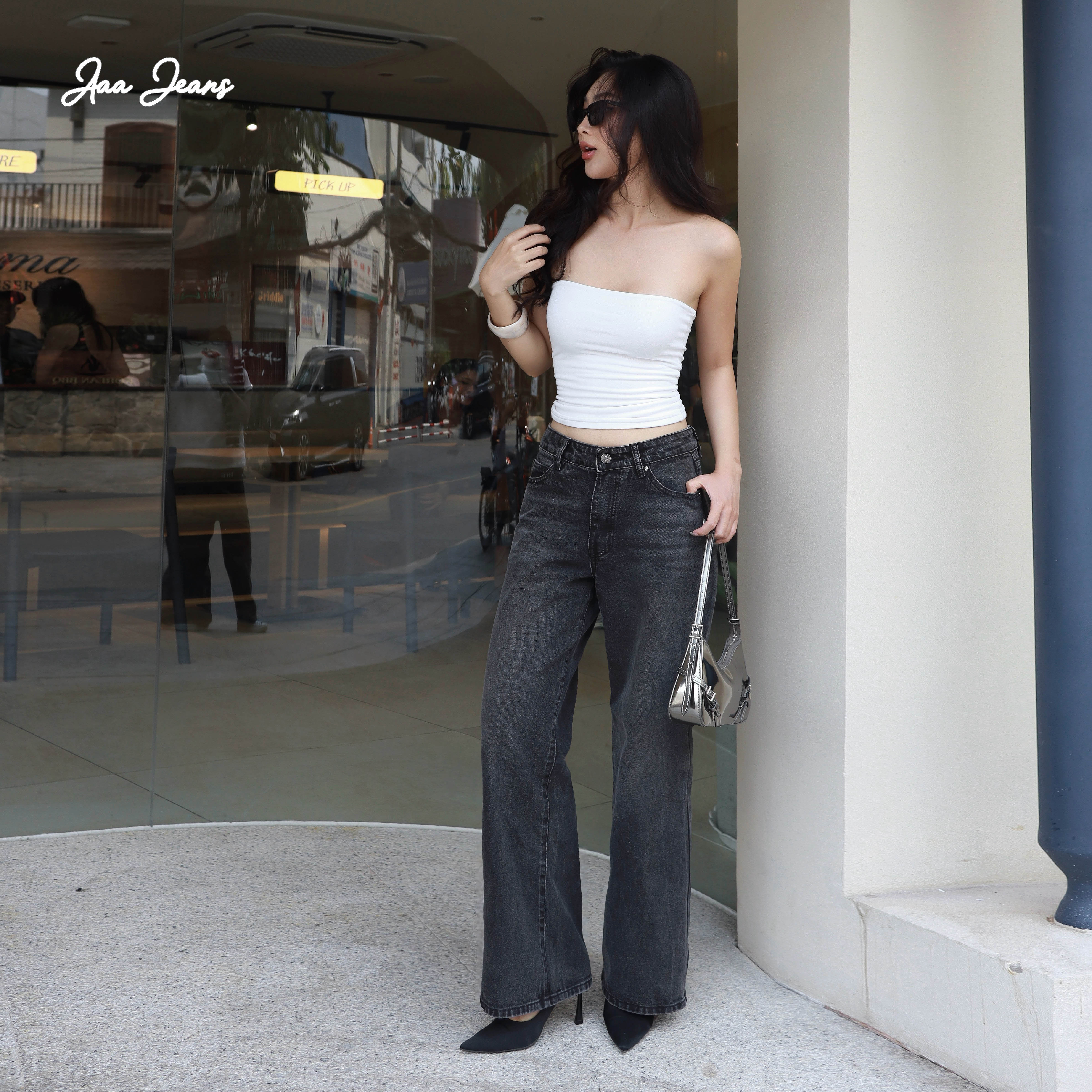 Quần jeans nữ màu xám ống suông lưng thấp Aaa Jeans