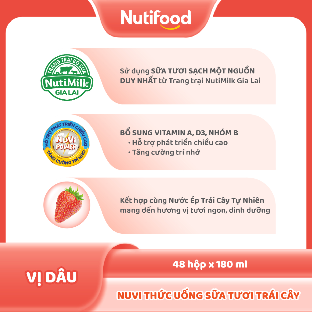 Thùng 48 hộp Thức Uống Sữa Tươi Trái Cây Tươi Nuvi Vị Dâu 180ml - Tăng Cường Chiều Cao, Phát Triển Trí Não
