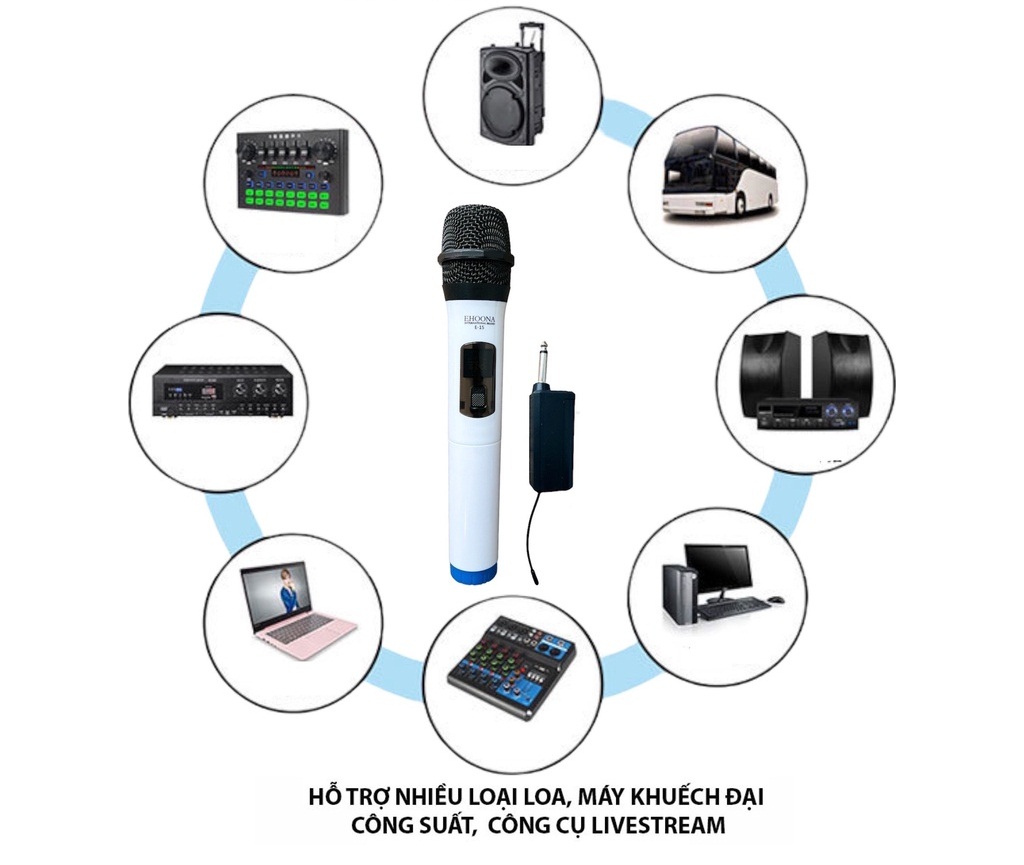 Micro Karaoke Không Dây Siêu Nhạy Hút Âm Sạc Pin UHF E-15 Dành Cho Loa Kéo Bluetooth Amply Zack Cắm 6.5mm E15