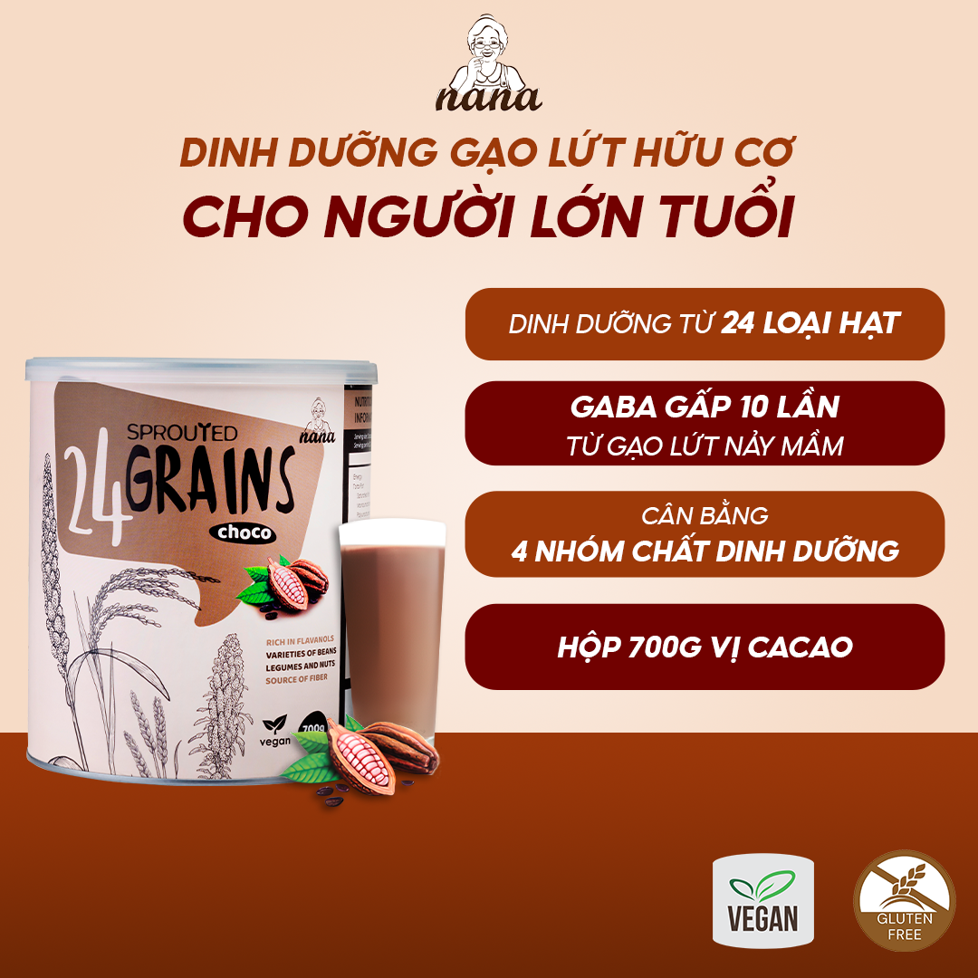 Sữa Hạt 24Grains 700g x4 Hộp (2.8kg) Vị Socola Tự Nhiên Cho Trẻ Từ 3 Tuổi &amp; Người Lớn Bổ Sung Dinh Dưỡng Toàn Diện