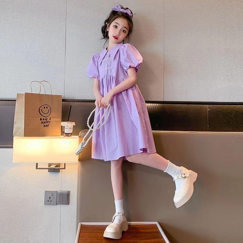 DONGSHOP Váy cho bé gái 2023 Mùa hè Mid-Mid-Mid-Mid-Boy Chic Kids Dress Cô gái búp bê cổ công chúa váy