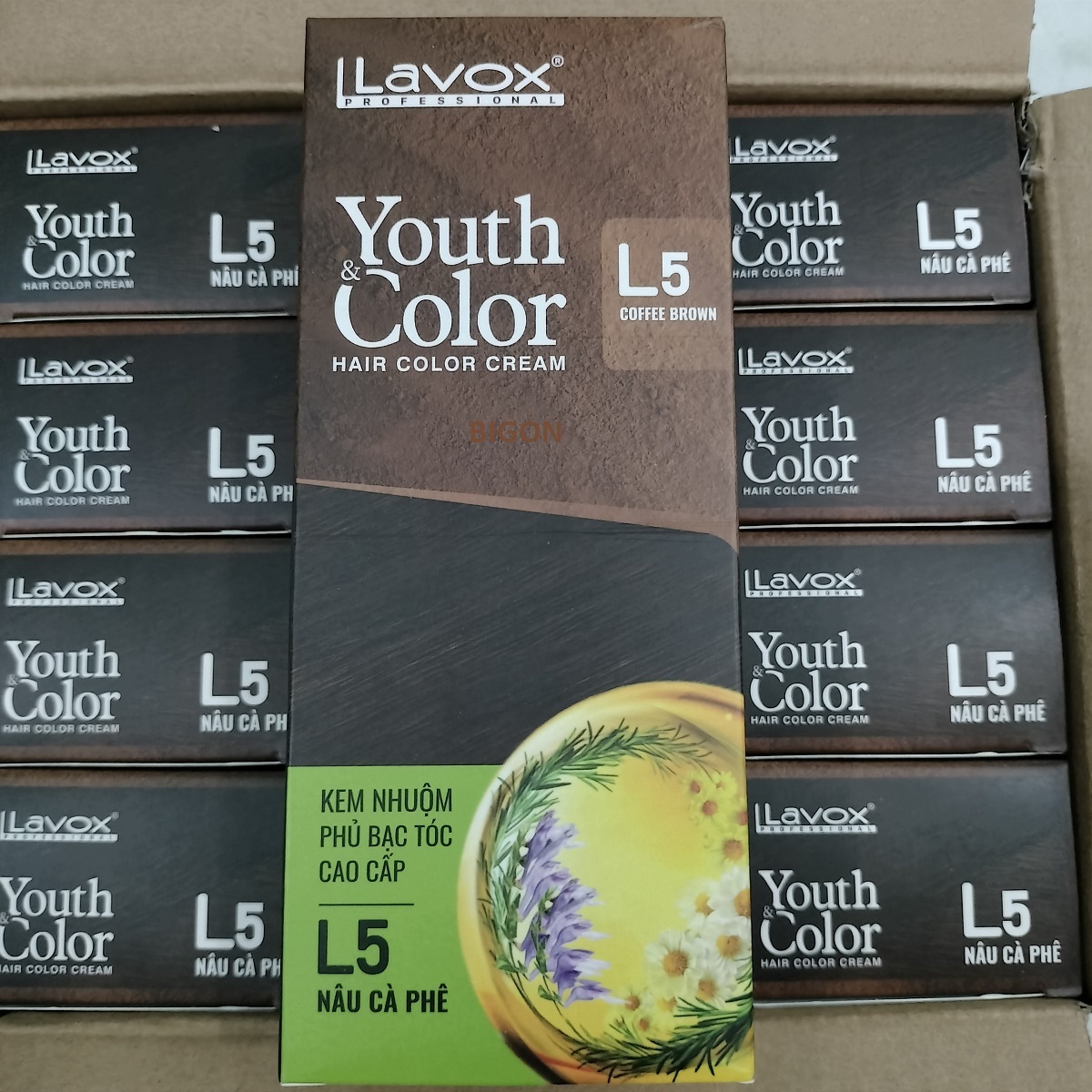 Nâu Cà Phê(Nâu Sáng L5) - Kem Nhuộm Dưỡng Tóc Phủ Bạc Lavox Youth&amp;Color L5 - Màu Nâu Cà Phê (Mẫu Cũ Nâu Sáng)
