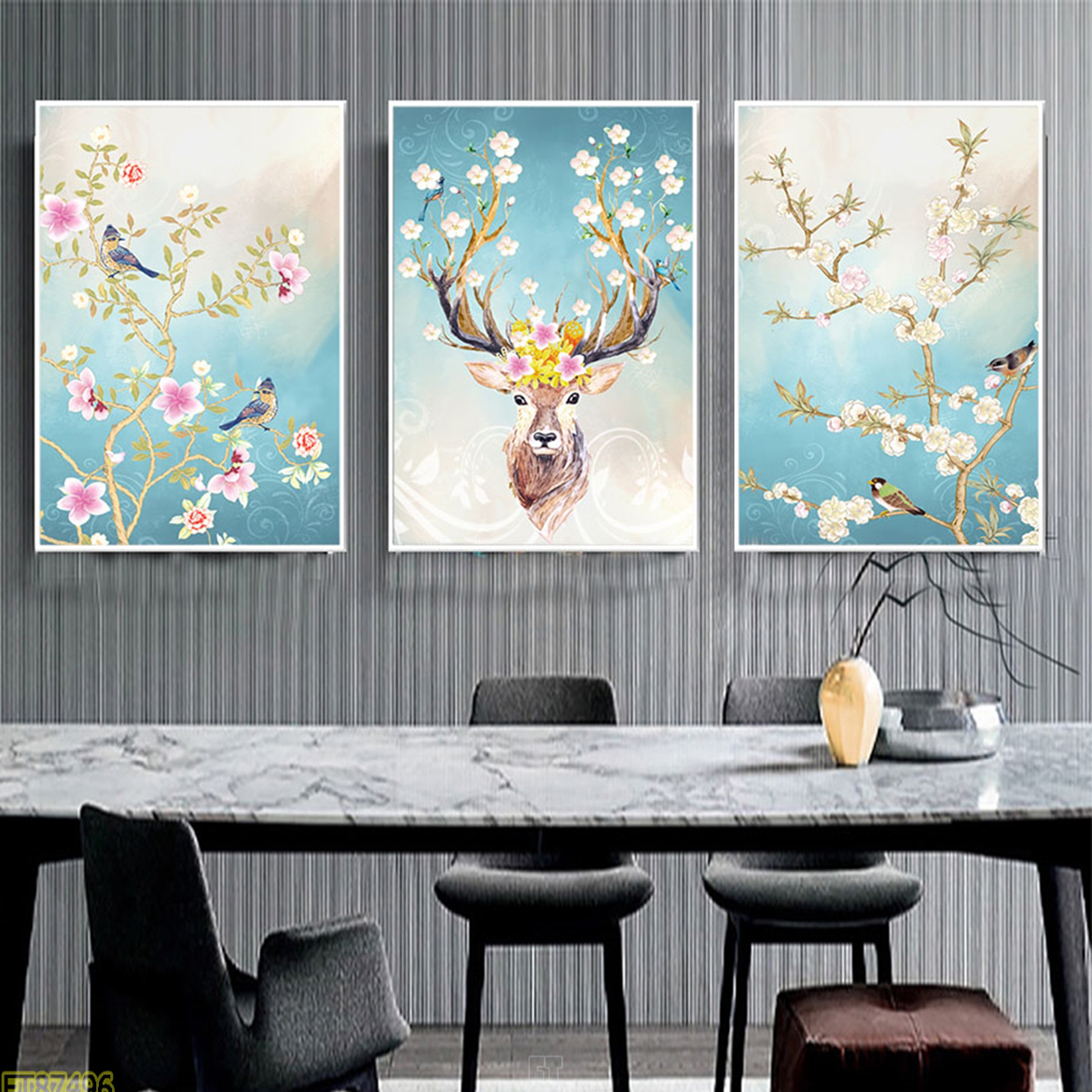 Tranh Những Chú Hươu Có Cặp Sừng Tuyệt Đẹp - Tranh Canvas Bộ 3 Bức Treo Tường Giá Rẻ